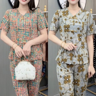 显瘦常规款常规印花中老年女装夏装短款套装妈妈装上衣+裤子