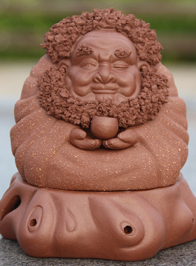 紫砂罗汉和尚达摩送财熏香炉香薰炉盘香炉全手工雕塑茶宠紫色摆件