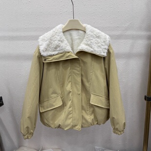 新款 加厚外套2025冬季 棉服显瘦大翻领领羊羔毛拼接派克服女冬季