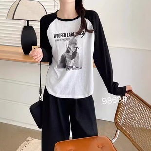 T恤长袖 字母打底衫 女亲肤透气圆领T恤学院风韩版 时尚 长袖 24秋款