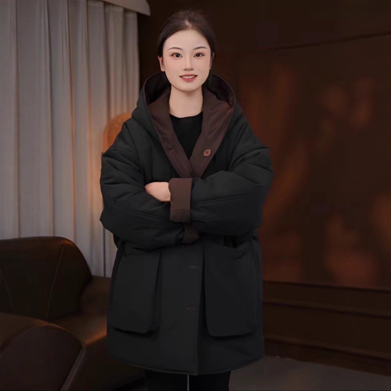 欧货宽松大板型女2025秋冬季新款连帽两面穿大口袋休闲中长款