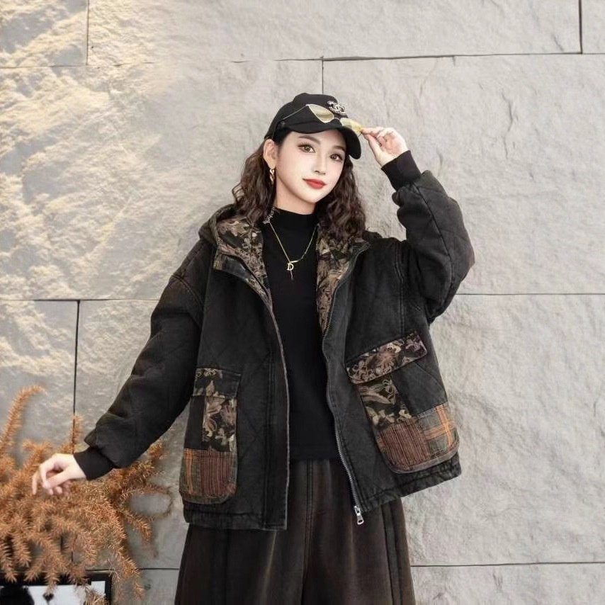 25年棉袄牛仔加棉加厚保暖棉衣外套补丁印花贴布新款外套棉衣上衣