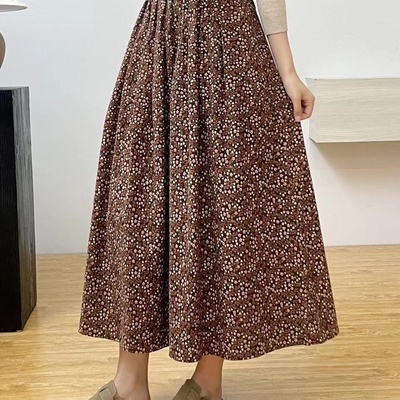 秋冬新款半身裙女宽松休闲碎花磨毛裙中长款松紧腰显瘦A字版裙子