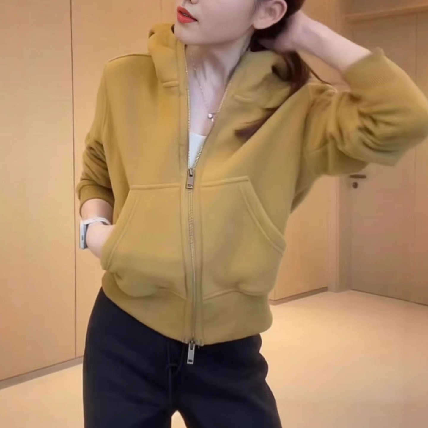 美式复古加绒连帽双拉链卫衣外套女秋冬时尚洋气百搭短款帽衫上衣