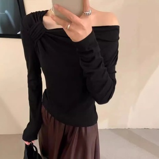 打底衫 洋气褶皱百搭打底衫 女秋款 T恤女时尚 设计感小众长袖 24新款