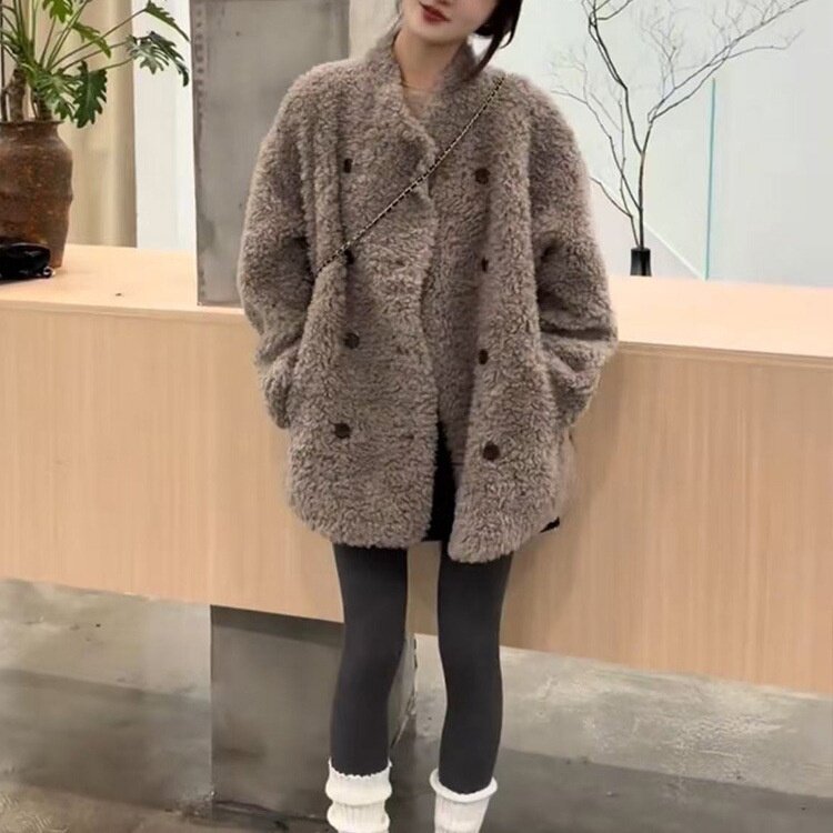 韩系双排扣毛毛绒外套女2025短外套