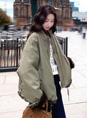 皮毛一体军绿色派克服外套女秋冬2025新款小个子加绒加厚超火棉服