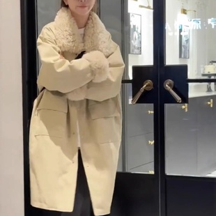 杏色复古毛毛拼接立领白鸭绒羽绒服中长款派克服百搭保暖长款外套