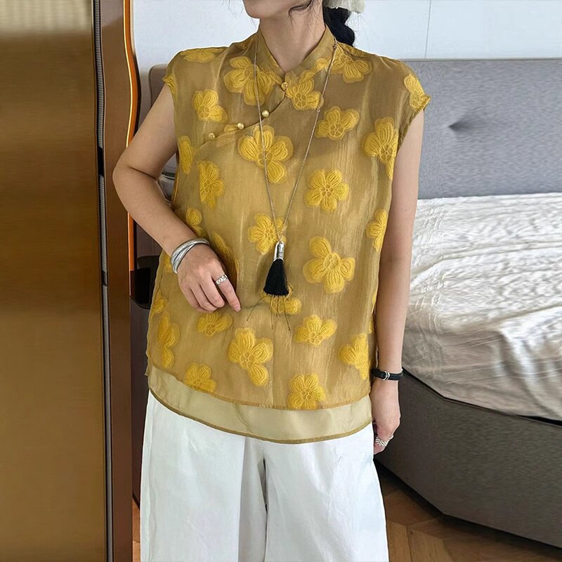 新中式盘扣刺绣立领衬衫女欧洲站2025夏装新款欧货女装洋气上衣
