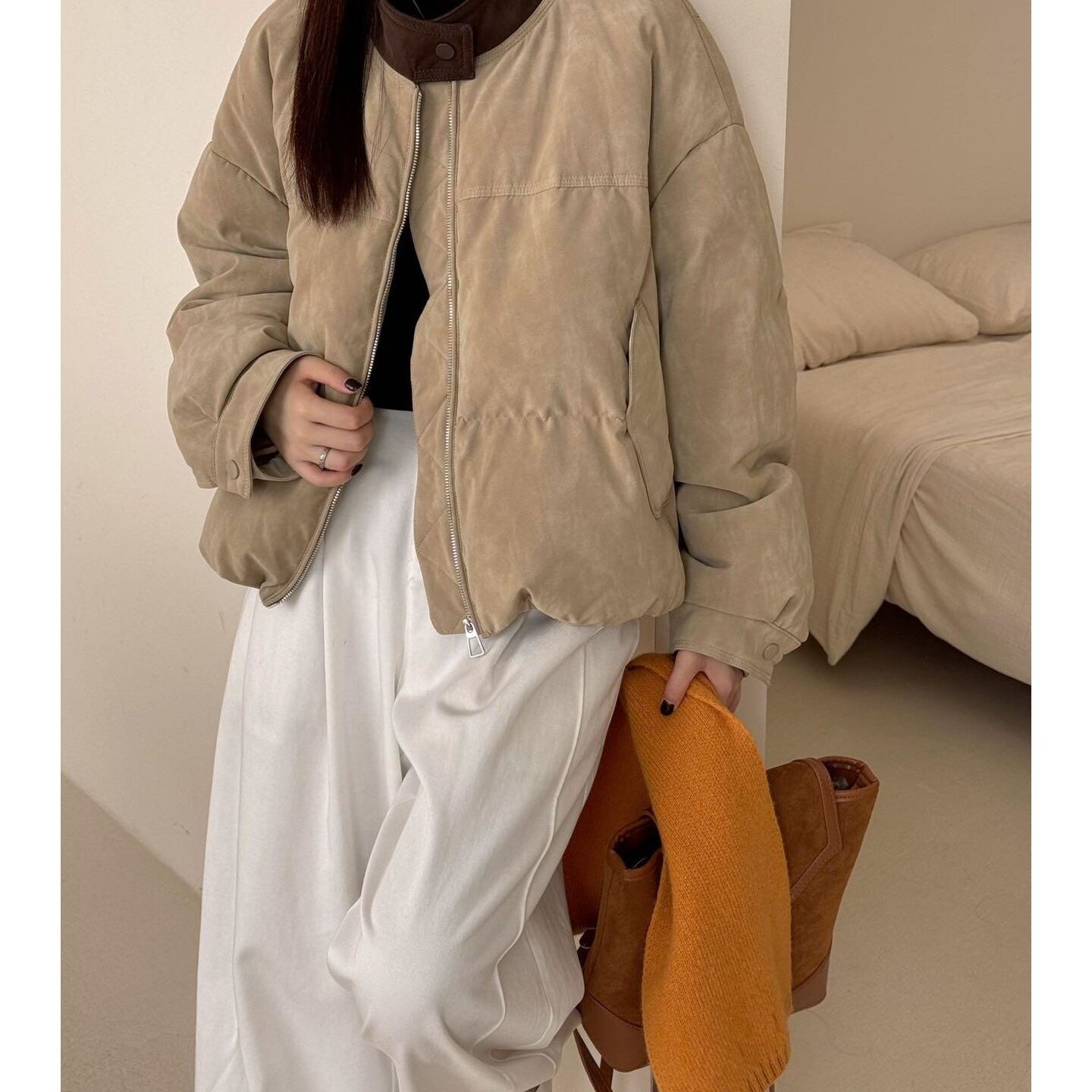 短款棉服女装冬季2026年新款卡其色小个子圆领面包服加厚通勤外套