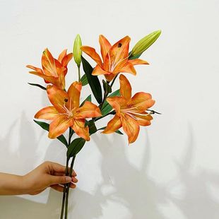 新款保湿手感桔色百合花仿真花假花轻奢客厅餐桌插花装饰花艺摆件