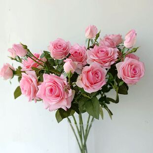 高品逼真手感保湿 饰花 仿真玫瑰花绢花假花3头荔枝玫瑰花瓶插花装