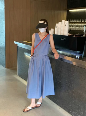 OVERRICH牛仔麻料套装女2025夏季圆领无袖背心百搭半身裙18229