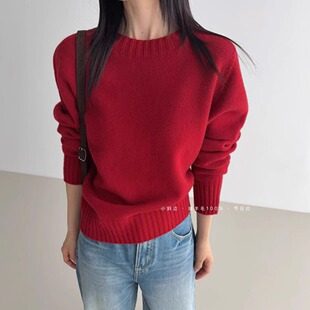 GLOG2025冬季韩系设计感加厚加密100%羊毛圆领小斜边毛衣女9557