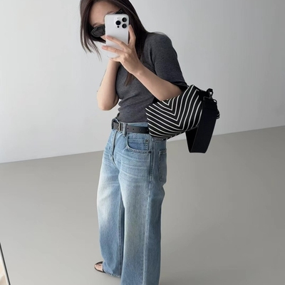 GLOG极简直筒高腰牛仔裤女纯棉