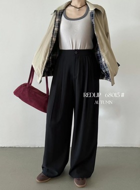 红唇2025秋季半松紧显高显瘦西装裤直筒阔腿宽松通勤百搭68015