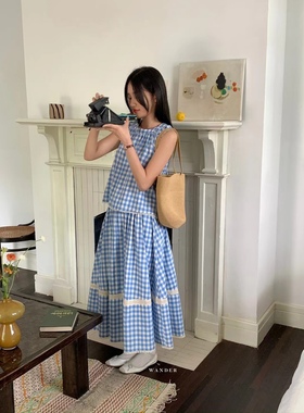 韩货wander2025夏季法式甜美学院风蓝色格子小衫裙子套装18201