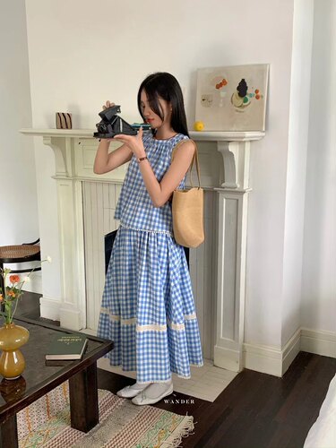显瘦蓝色夏季格子学院风套装