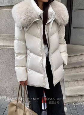 LOUISA.S2025冬季国标90白鸭绒狐狸毛领假两件羽绒服高品质28223