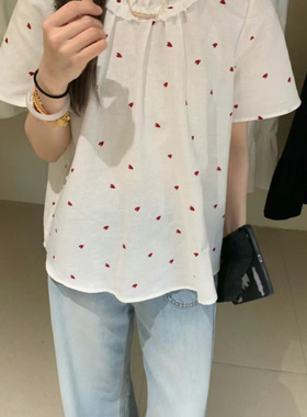 overrich富婆家2025夏季苎麻+棉爱心T恤衬衫女洋气短袖上衣24923