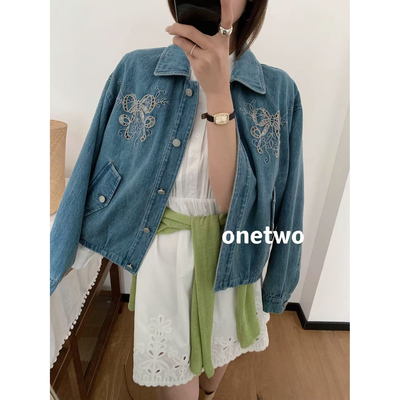 onetwo重工艺镂空刺绣牛仔外套女
