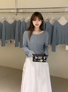 overrich2025秋季韩系简约百搭显瘦假两件针织衫女上衣22384