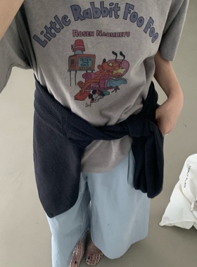 about moon2025夏季韩系高品质定制卡通印花亚麻T恤女51632