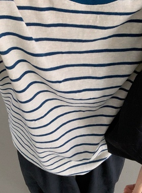 about moon2025夏季纯棉圆领条纹短袖T恤女波浪线显瘦61327