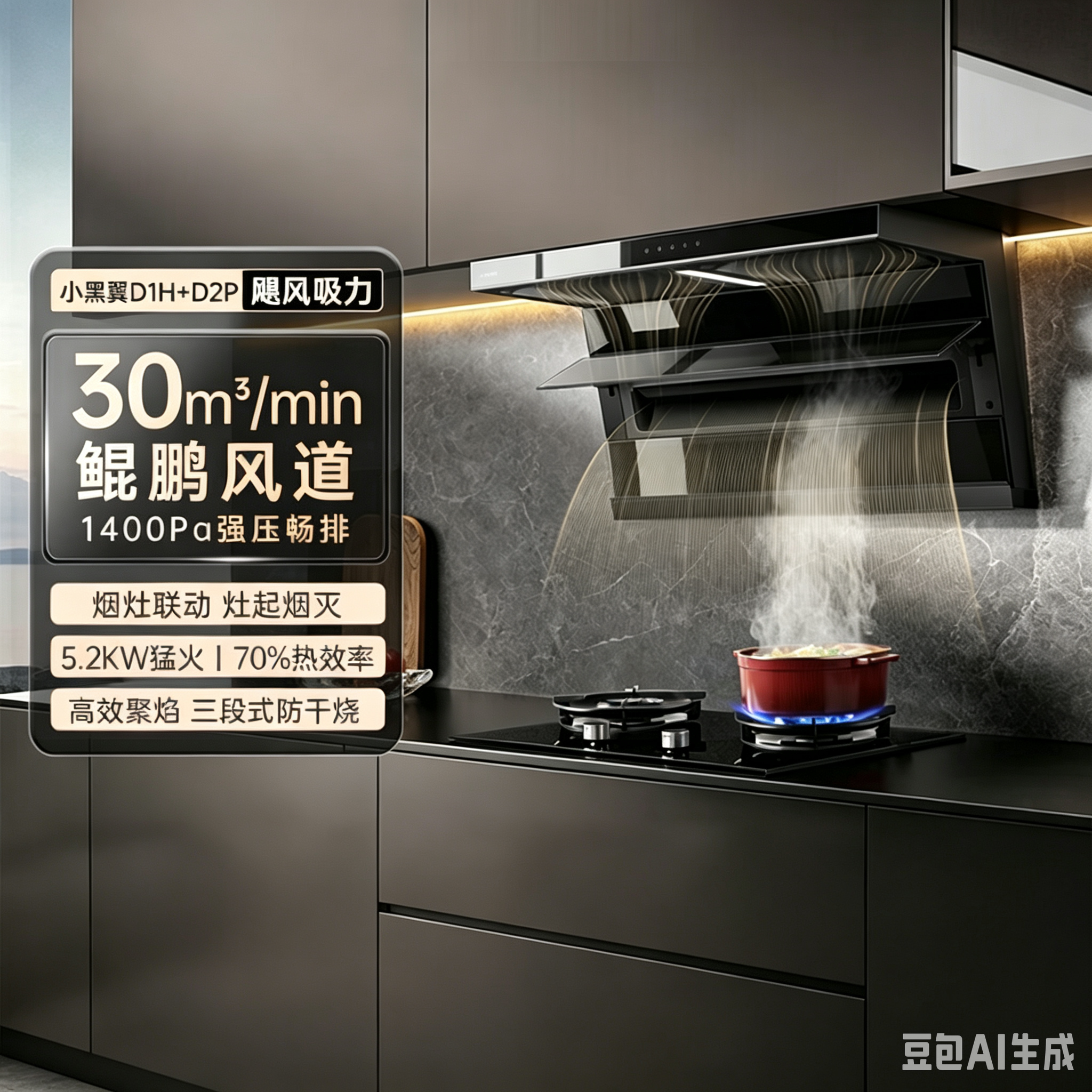 老板小黑翼27A2S/27A17-D1U顶侧双吸油烟机大吸力D1H烟灶联动套装