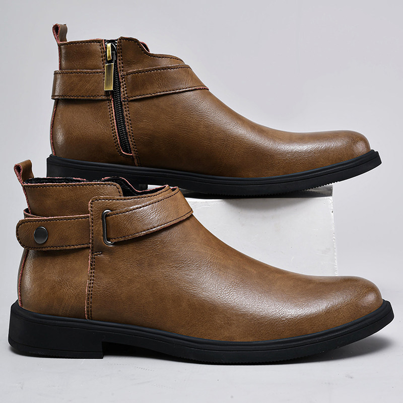 西部牛仔短靴男靴英伦拉链真皮潮流复古休闲工装靴马丁靴高帮皮鞋