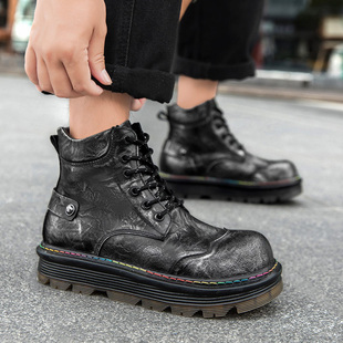 短靴 工装 牛筋底马丁靴男靴复古高帮皮靴男士 厚底耐磨增高休闲皮鞋