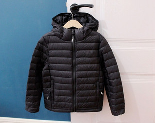 高品质冬款中大童白鸭绒轻薄羽绒服黑色连帽男童女童羽绒服外套