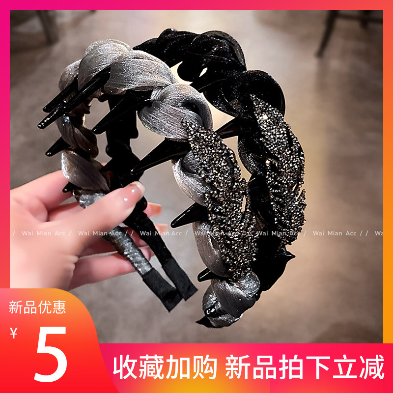 秋冬镶钻叶子带齿网纱发箍高颅顶