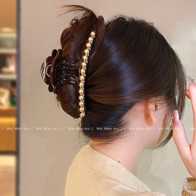 韩版气质香槟色珍珠抓夹女高级感镶钻发量多盘发夹鲨鱼夹秋冬新款