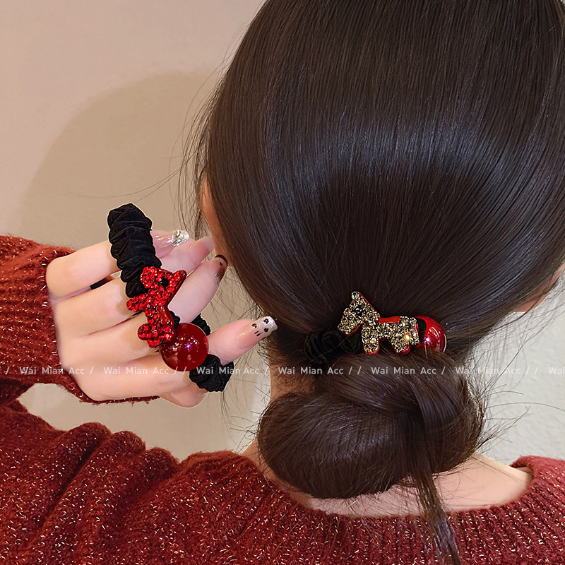 日韩红色小马镶钻发圈气质百搭珍珠扎头发绳女新款盘丸子头绳发饰
