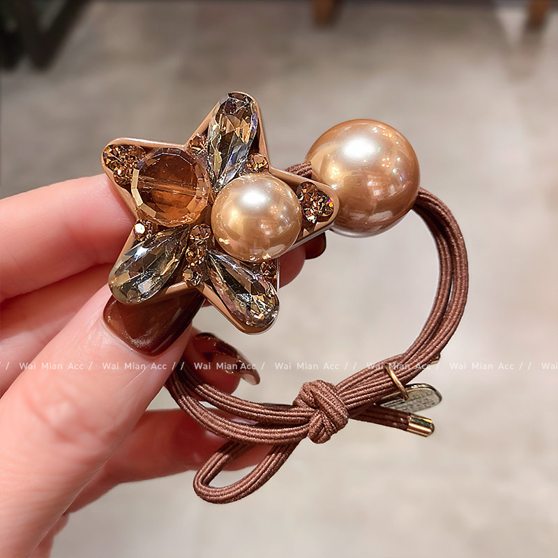 韩版百搭镶钻五角星发绳轻奢珍珠扎丸子头皮筋女新款马尾盘发头绳