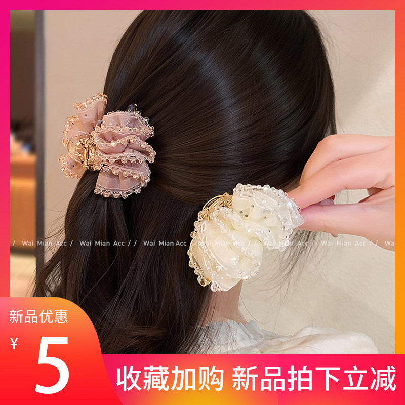 洋气网纱蝴蝶结水晶鲨鱼夹百搭