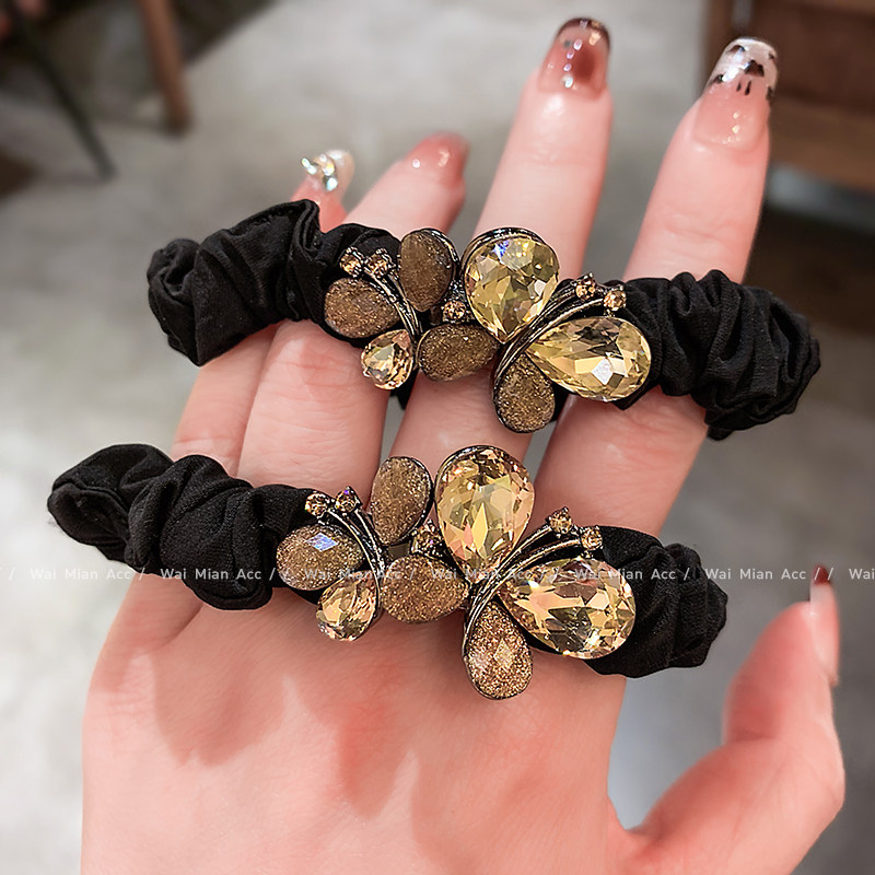 高级感香槟色蝴蝶发圈轻奢韩版镶钻扎头发丸子头绳女新款马尾头饰