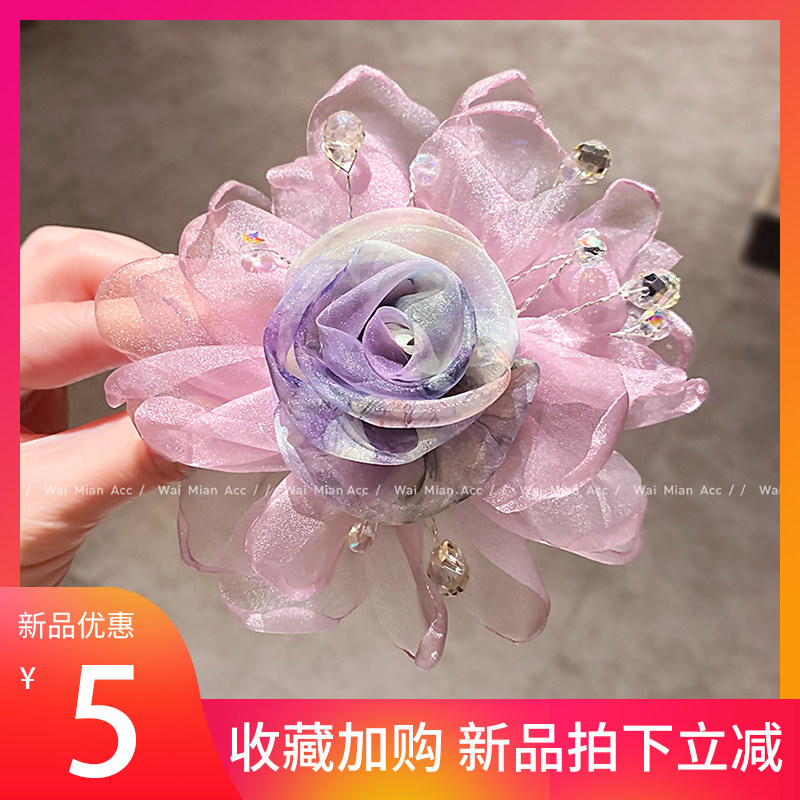 甜美超仙绢纱玫瑰水晶弹簧顶夹