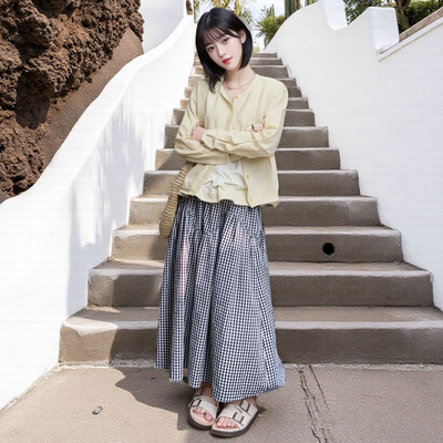 清新百搭蓝格子高腰显瘦半身裙