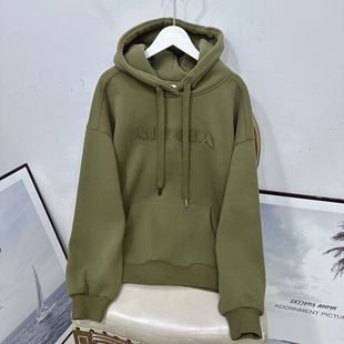 不起球加绒衫加厚套头连帽冬季柔软绿色纯色卫衣女装韩版带帽宽松