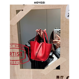 HOYOZI头层牛皮蜡线菜篮子托特包包女款 红色结婚包 小优家包包