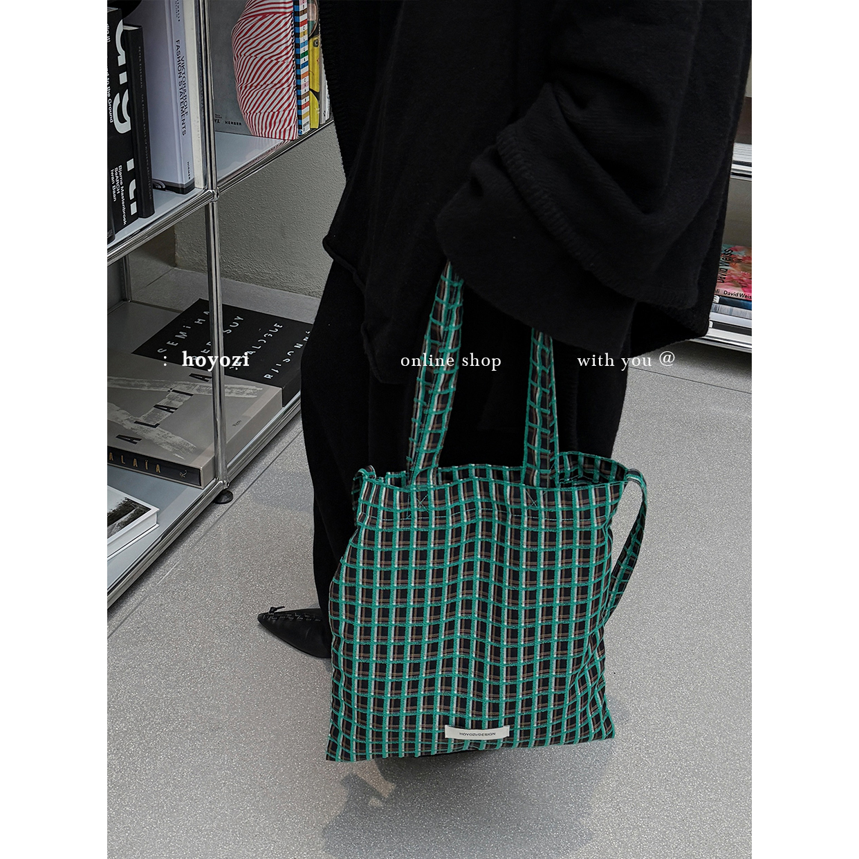 【小优家包包】HOYOZI原创 绿格子托特帆布包包女2025新款斜挎包