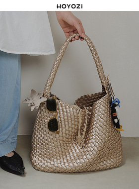 【小优家包包】HOYOZI金色梦境 春夏香槟色编织托特包单肩手提包