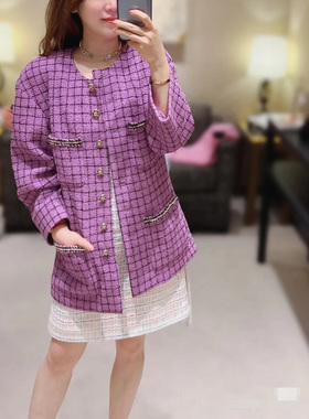 小香春夏高级成衣紫色亮片花边长袖圆领单排扣修身女外套春秋