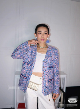 春夏预告紫色V领女小香花呢短款外套长袖单排扣常规通勤