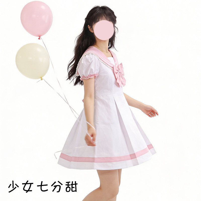 少女七分甜原创日系粉白色水手服学生甜美可爱连身裙甜美蝴蝶结裙