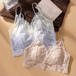 内衣女夏季轻薄款细肩带大胸显小胸聚拢不空杯超薄蕾丝粉底液文胸