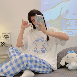 短袖 休闲家居服夏 长裤 女针织棉质圆领卡通可爱家居服2024韩版