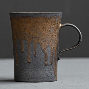 粗陶瓷鎏金马克咖啡杯垫日式 复古手工拉花茶水杯子创意做旧工业风